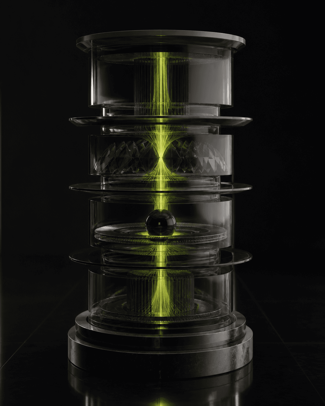 Vertical glass sculpture representing the four-stage GrowthAIQ signal flow